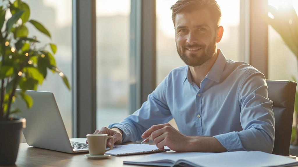 Утренняя рутина успешного предпринимателя за рабочим столом
