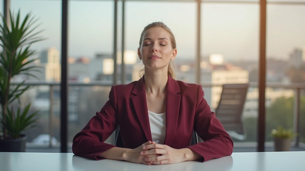 Женщина-предпринимательница медитирует в офисе с видом на город